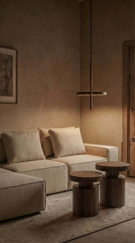 Sala minimalista con sofa modular beige y mesas auxiliares de madera