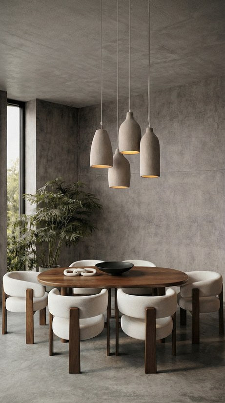 Comedor con mesa redonda de madera, sillas tapizadas y lamparas colgantes