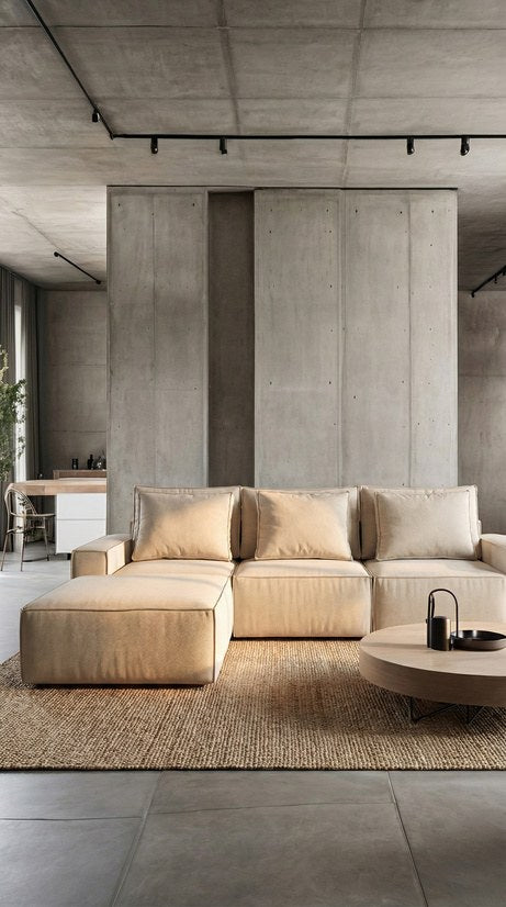Sofa modular en tonos arena dentro de un espacio de concreto aparente
