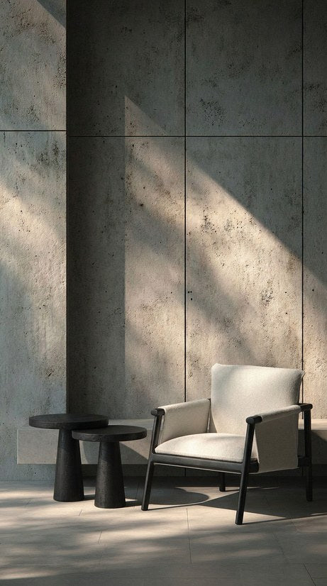 Sillon tapizado y mesa lateral negra frente a un muro de concreto con luz natural