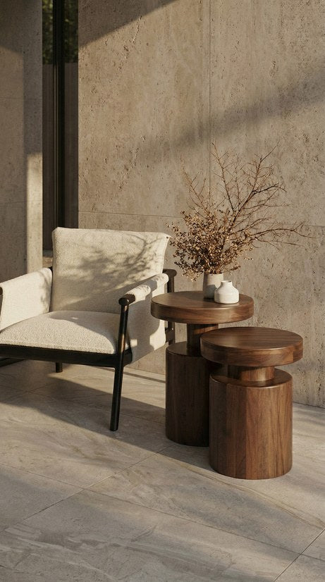 Terraza con sillon tapizado y mesas auxiliares torneadas en madera