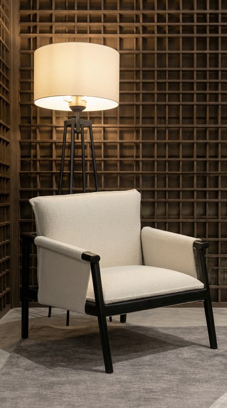Sillon tapizado con estructura de madera negra y lampara de pie frente a una celosia de madera