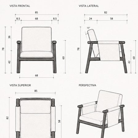 Ficha tecnica con vistas frontal, lateral, superior y perspectiva acotadas de un sillon