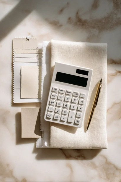 Calculadora, muestrario de materiales y libreta sobre superficie de marmol para cotizacion