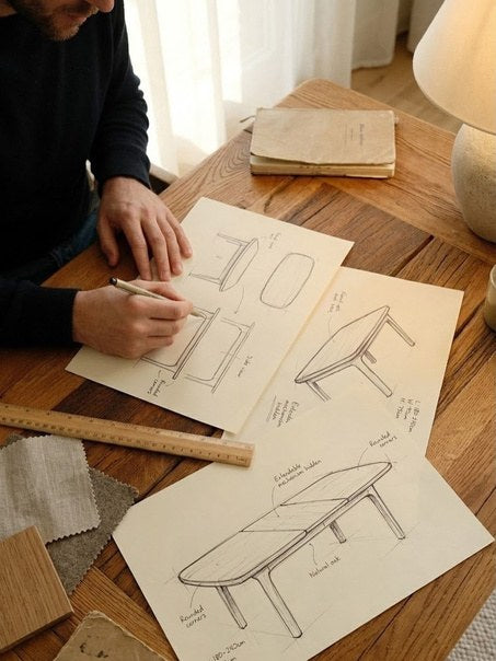 Disenador trazando los planos de una mesa sobre papel junto a muestras de madera