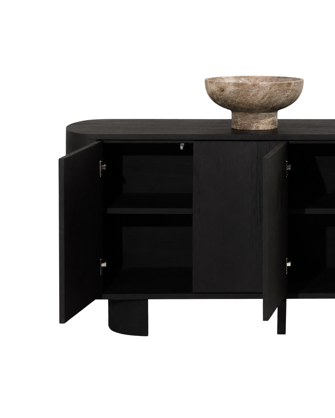 Credenza a medida en madera solida con acabado negro mate y puertas abiertas