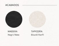 Muestras de acabado: madera negro mate y tapiceria boucle marfil